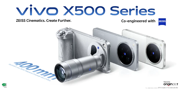 Vivo X500 Pro Max en X500 Pro met 400mm Zeiss-opzetlens Vivo X500 Pro Max met camera-grip en Zeiss Telephoto Extender naast de Vivo X500 Pro