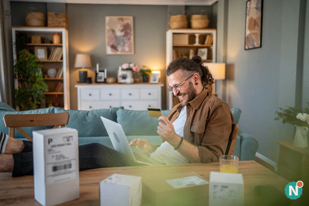 Cyber Monday-deals online vergelijken vanuit huis Man met zijn benen op tafel shopt Cyber Monday-deals op zijn laptop, met creditcard in de hand en pakketjes op tafel