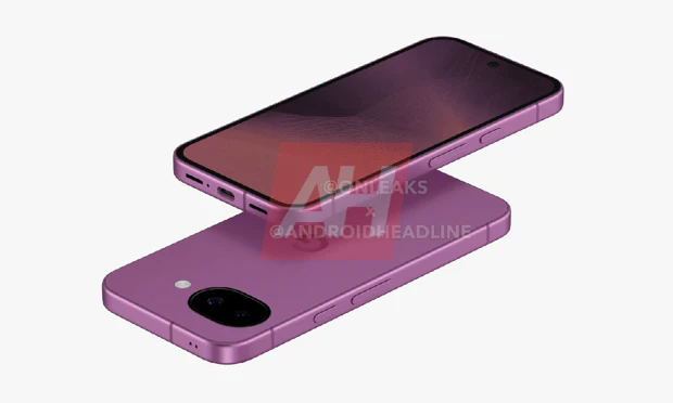 Google Pixel 11a zijkanten Zijkanten van de Google Pixel 11a in paars (CAD-render)