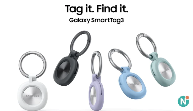 Samsung Galaxy SmartTag 3 officiΓ«le afbeelding Samsung Galaxy SmartTag 3 Bluetooth-tracker op een officiΓ«le promotieafbeelding van Samsung