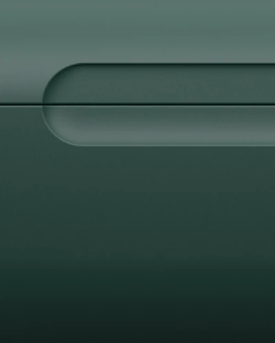 Close-up of the green Fairphone Fairbuds 2 with a stem that appears to consist of two parts