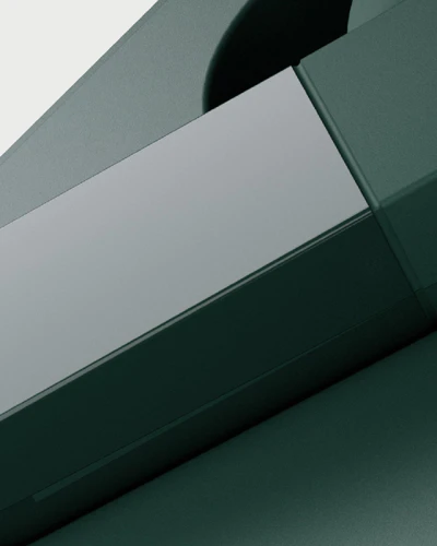 Close-up of the green Fairphone Fairbuds 2 with a stem that appears to consist of two parts