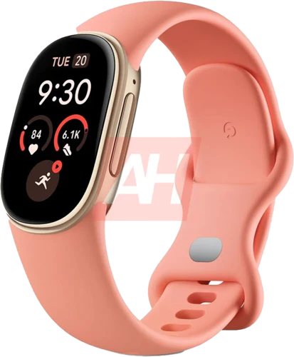 Fitbit Edge in Canyon Pink Fitbit Edge fitness tracker with gold-colored case, narrow oval screen and pink strap