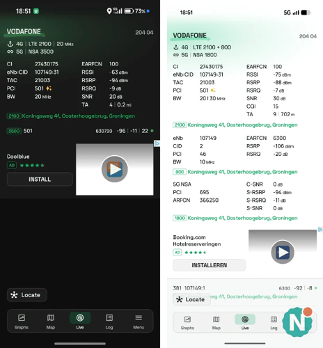 Xiaomi 18 Pro versus Pixel 10 Pro 5G-banden in NetMonster NetMonster-screenshots naast elkaar: de Xiaomi 18 Pro (links) verbindt via 5G op 3500 MHz, de Google Pixel 10 Pro (rechts) op 1800 MHz, aan dezelfde Vodafone-mast