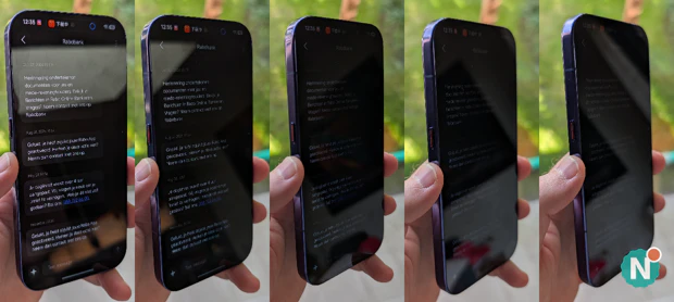 Xiaomi 18 Pro Kijkhoeken Demo Privacy Scherm Foto van het scherm van de Xiaomi 18 Pro vanuit diverse schuine hoeken met privacyfunctie actief