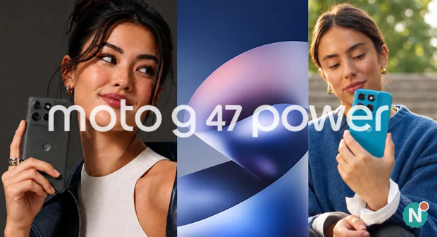 Motorola Moto G47 Power in Pantone Impenetrable and Capri Motorola Moto G47 Power held in the Pantone colors Impenetrable (gray) and Capri (azure blue)