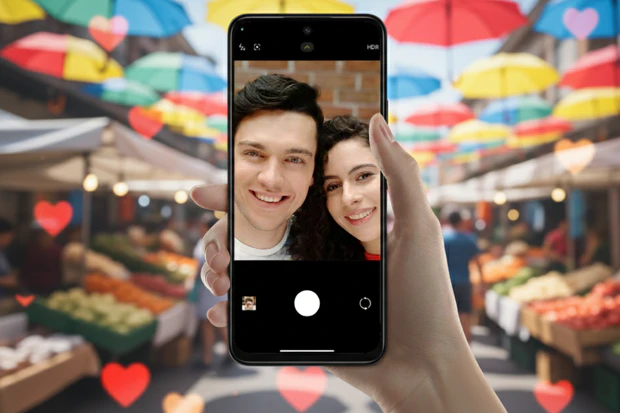 Koppel maakt selfie met nieuwe smartphone tijdens Valentijnsdag