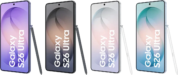 Samsung Galaxy S26 Ultra komt standaard in deze vier verwachte kleuren; paars, zwart, wit en blauw Renders van de Samsung Galaxy S26 Ultra in paars, zwart, wit en blauw