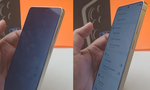 Samsung Galaxy S26 Ultra Privacy Display demonstratie Samsung Galaxy S26 Ultra Privacy Display-modus met verlaagde kijkhoeken naast standaard scherm