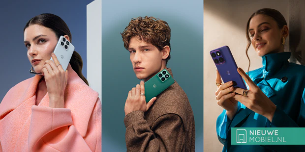 Drie Motorola edge 70 fusion toestellen in lichtblauw, groen en donkerblauw met textuur van geweven nylon