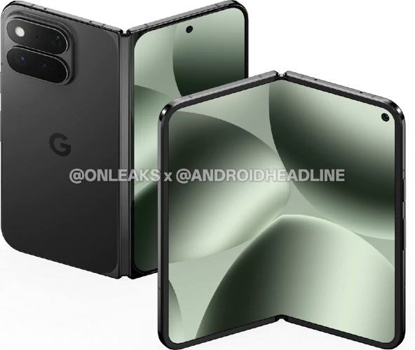 Första CAD-rendering av fram- och baksida av Google Pixel 11 Pro Fold i svart metallic