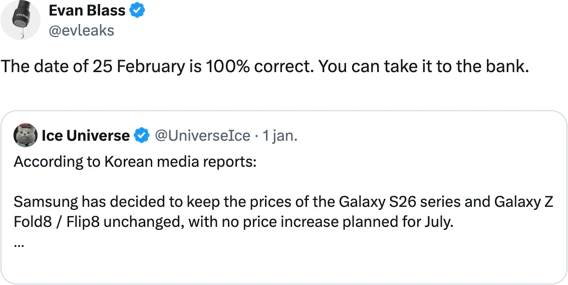 Tweet from @evleaks about the expected launch date of the Samsung Galaxy S26 Series