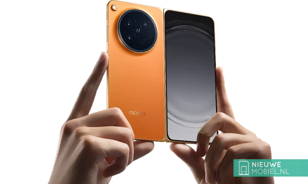 Close-up of the Oppo Find N6 in Blossom Orange with prominent round Hasselblad camera module