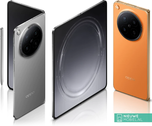 Half opengeklapte Oppo Find N6 in Stellar Titanium en dichte Orange Blossom