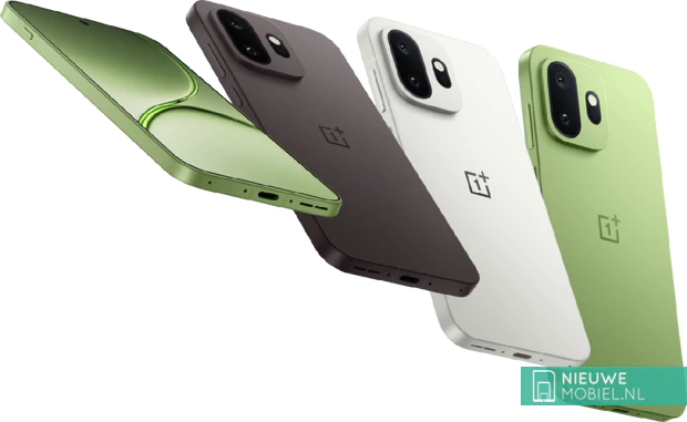 Vier OnePlus 15T toestellen naast elkaar in de kleuren Relaxed Matcha (groen), Pure Cocao (bruin) en Healing White Chocolate (wit), met focus op de cameramodule en de matte achterzijde