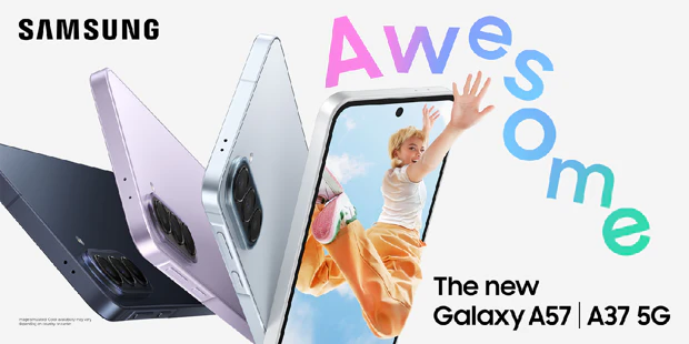 Samsung Galaxy A57 en A37 aangekondigd Promotieafbeelding toont Samsung Galaxy A57 en A37 in diverse kleuren met op de achtergrond de letters Awesome