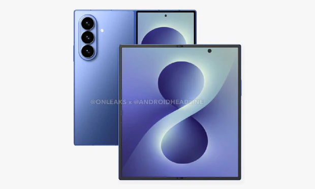CAD-tekening van de achterzijde en voorkant van de Samsung Galaxy Z Fold 8 in het blauw Render van de blauwe Samsung Galaxy Z Fold 8 toont de drievoudige camera-opstelling en het smalle coverscherm