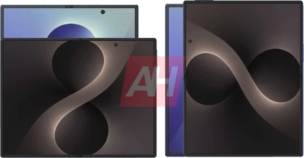 Geopende Samsung Galaxy Z Fold 8 en Fold 8 Wide over elkaar heen gelegd om verschil in formaat aan te tonen