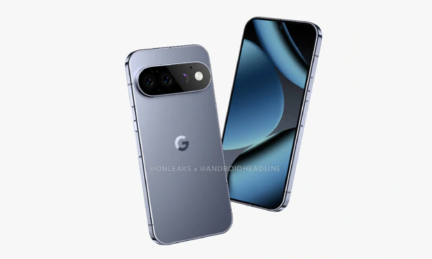 Render CAD del Google Pixel 11 Pro en gris piedra lunar desde varios ángulos