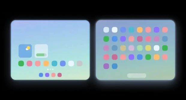 Viivapiirros Galaxy Z Wide -laitteen käyttöliittymästä; vasemmalla aloitusnäyttö, oikealla avattu sovelluslaatikko 8 x 5 kuvakkeen ruudukossa.