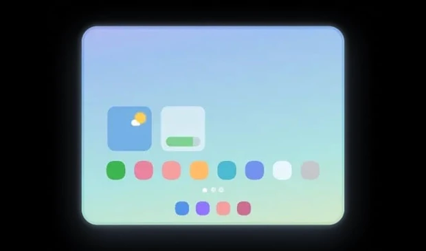 Digitaalinen luonnos taittamattomasta Samsung Galaxy Z Wide -puhelimesta maisematilassa, jossa näkyy aloitusnäyttö sovelluskuvakkeineen ja widgeteineen.
