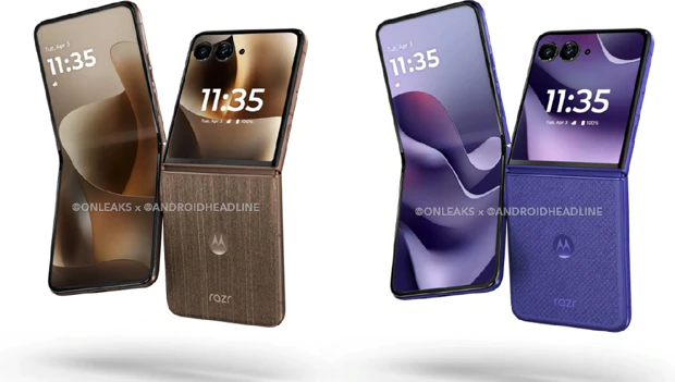 Twee Motorola razr 70 ultra toestellen; links de houten Cocoa Wood variant, rechts de paarse Alcantara versie met suède-textuur