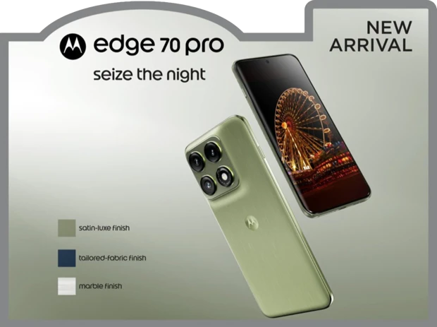 Persmateriaal van Motorola edge 70 pro in het groen met satijnen afwerking Persmateriaal van Motorola edge 70 pro in het groen met satijnen afwerking met focus op verbeterde nachtmodus