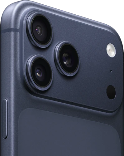 Apple iPhone 17 Pro Max blauw camera closeup Apple iPhone 17 Pro Max blauw camera closeup