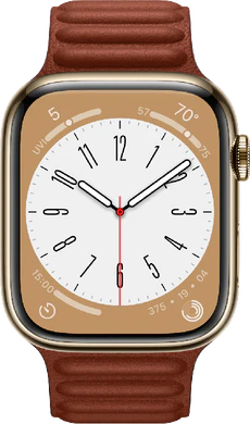 Apple Watch series 8 cellular 45mm steel goud bruin leather voorkant