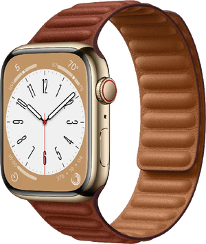 Apple Watch series 8 cellular 45mm steel goud bruin leather voorkant rechterzijkant