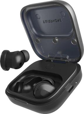 Fairphone Fairbuds zwart case voorkant rechterzijkant onderkant schuin geopend