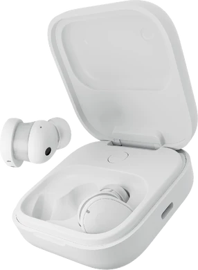 Fairphone Fairbuds wit case voorkant rechterzijkant onderkant schuin geopend