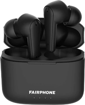 Fairphone true wireless earbuds sort sag front Åbnet