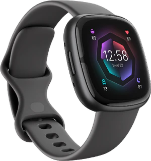 Fitbit Sense 2 zwart voorkant linkerzijkant