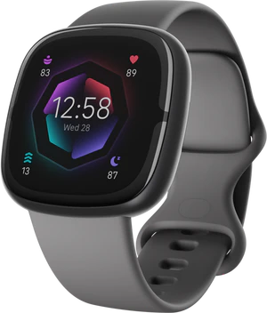 Fitbit Sense 2 zwart voorkant rechterzijkant