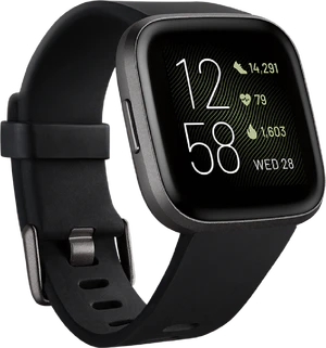 Fitbit Versa 2 voorkant linkerzijkant schuin zwart