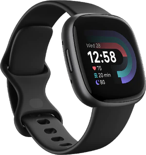 Fitbit Versa 4 zwart voorkant linkerzijkant