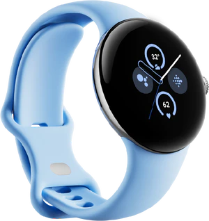 Google Pixel Watch 2 sininen etupuolella vasen puoli