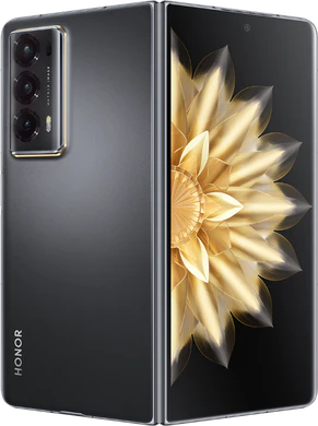 Honor Magic V2 zwart buitenkant half geopend