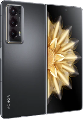 Honor Magic V2 zwart buitenkant rechterzijkant geopend