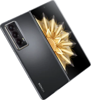 Honor Magic V2 zwart achterkant rechterzijkant geopend schuin