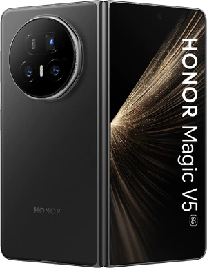 Honor Magic V5 zwart buitenkant half geopend