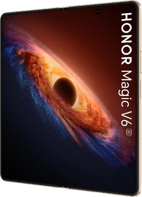 Honor Magic V6 goud binnenkant geopend schuin