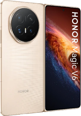 Honor Magic V6 goud buitenkant schuin geopend