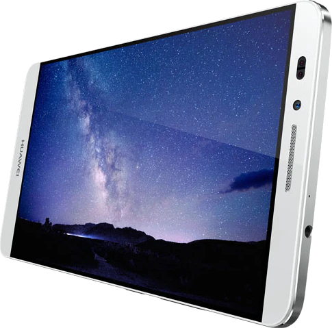 Huawei Ascend Mate 7 zilver gedraaid schuin Huawei Ascend Mate 7 zilver gedraaid schuin