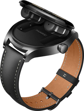 Huawei Watch Buds zwart voorkant rechterzijkant onderkant half geopend