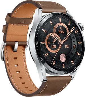 Huawei Watch GT 3 Classic 46mm zilver bruin voorkant linkerzijkant