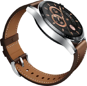 Huawei Watch GT 3 Classic 46mm zilver bruin voorkant linkerzijkant onderkant schuin