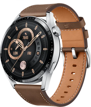 Huawei Watch GT 3 Classic 46mm zilver bruin voorkant rechterzijkant