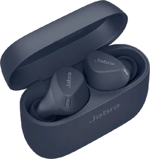 Jabra Elite 4 Active blauw case geopend schuin